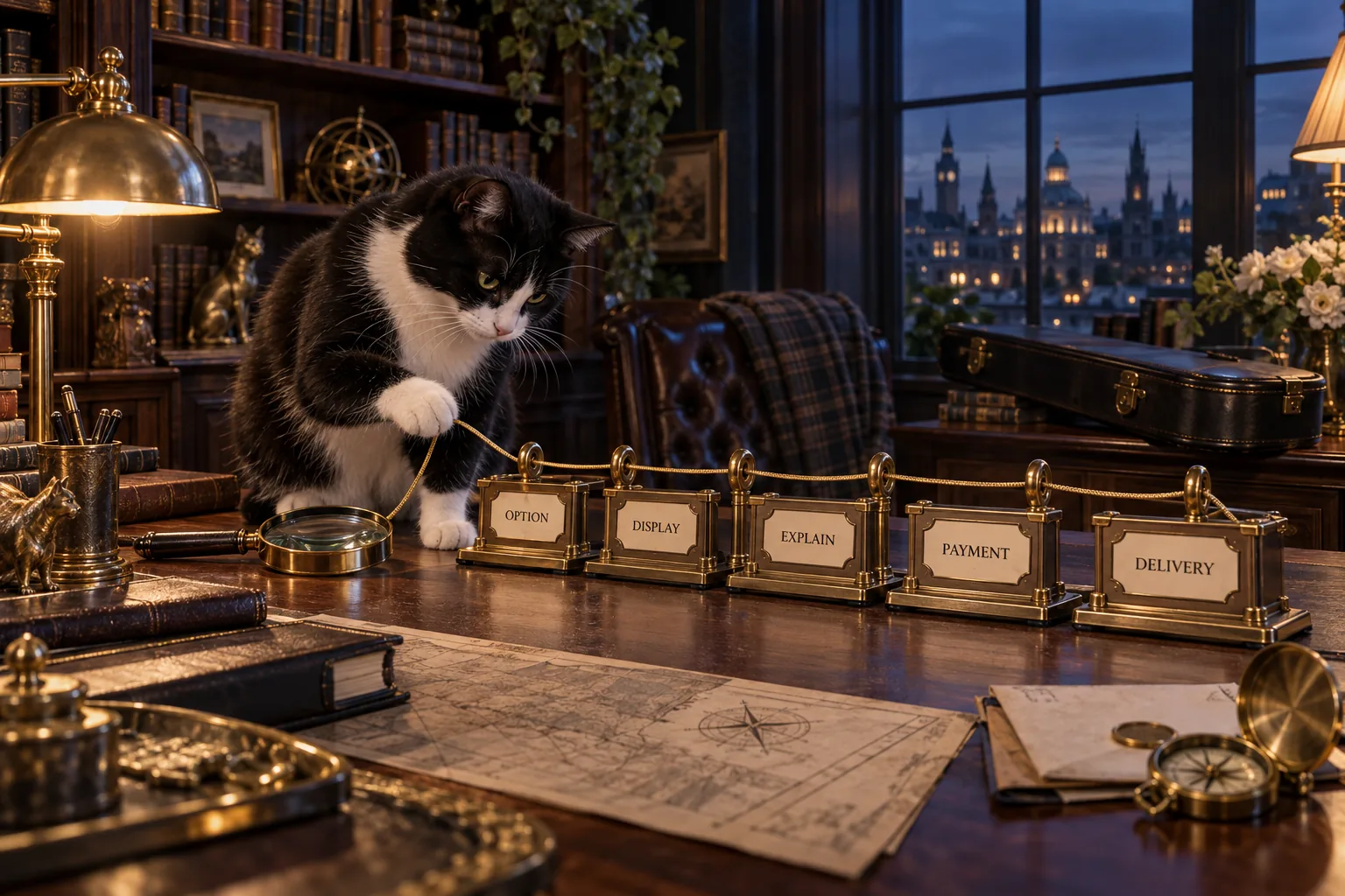 Dame Kitty Holmes traces a gold cord through five labeled stations on an elegant travel relay desk, with a violin case resting nearby.