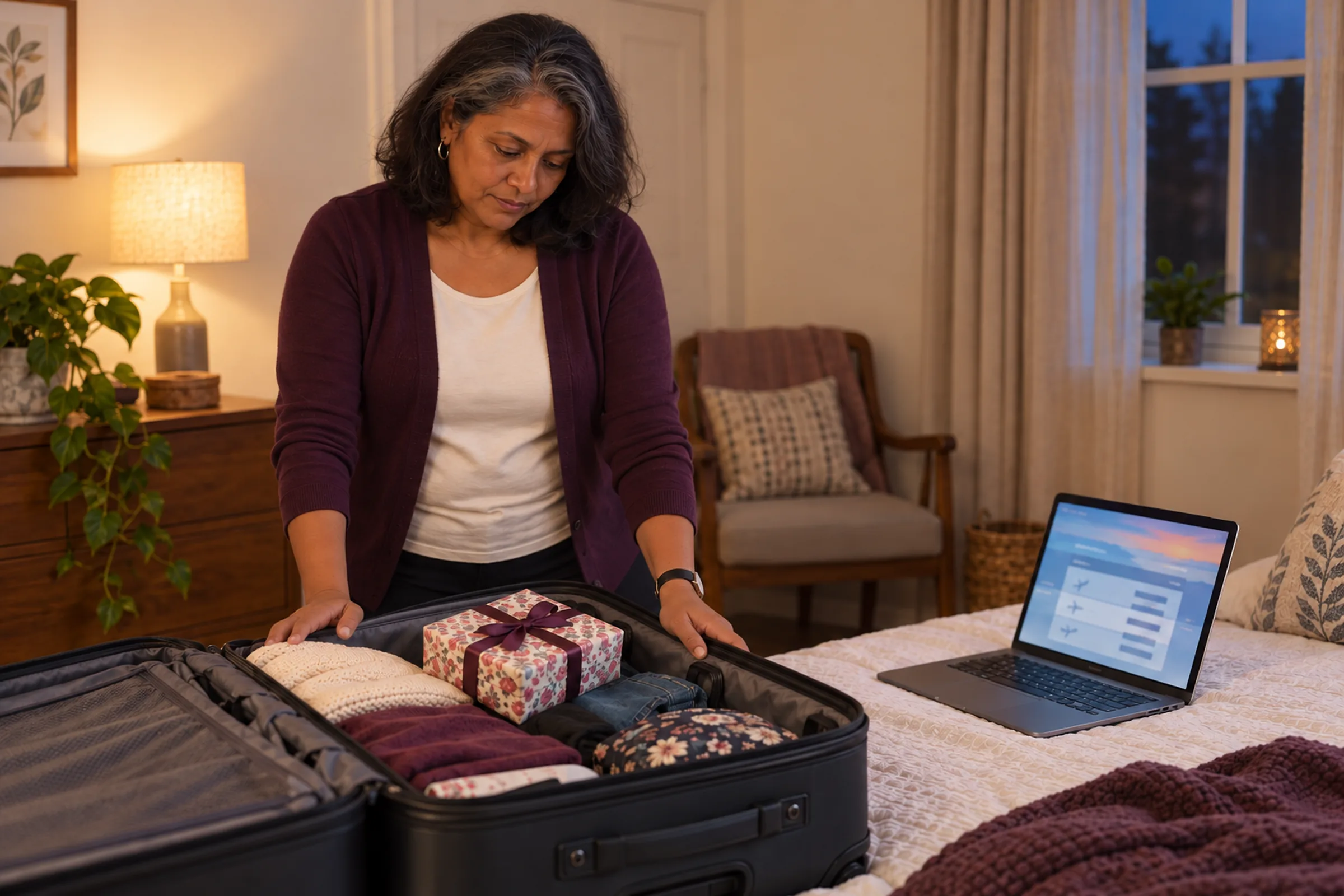 The same woman at home quietly looking between unreadable flight information and an open suitcase holding a wrapped birthday gift.