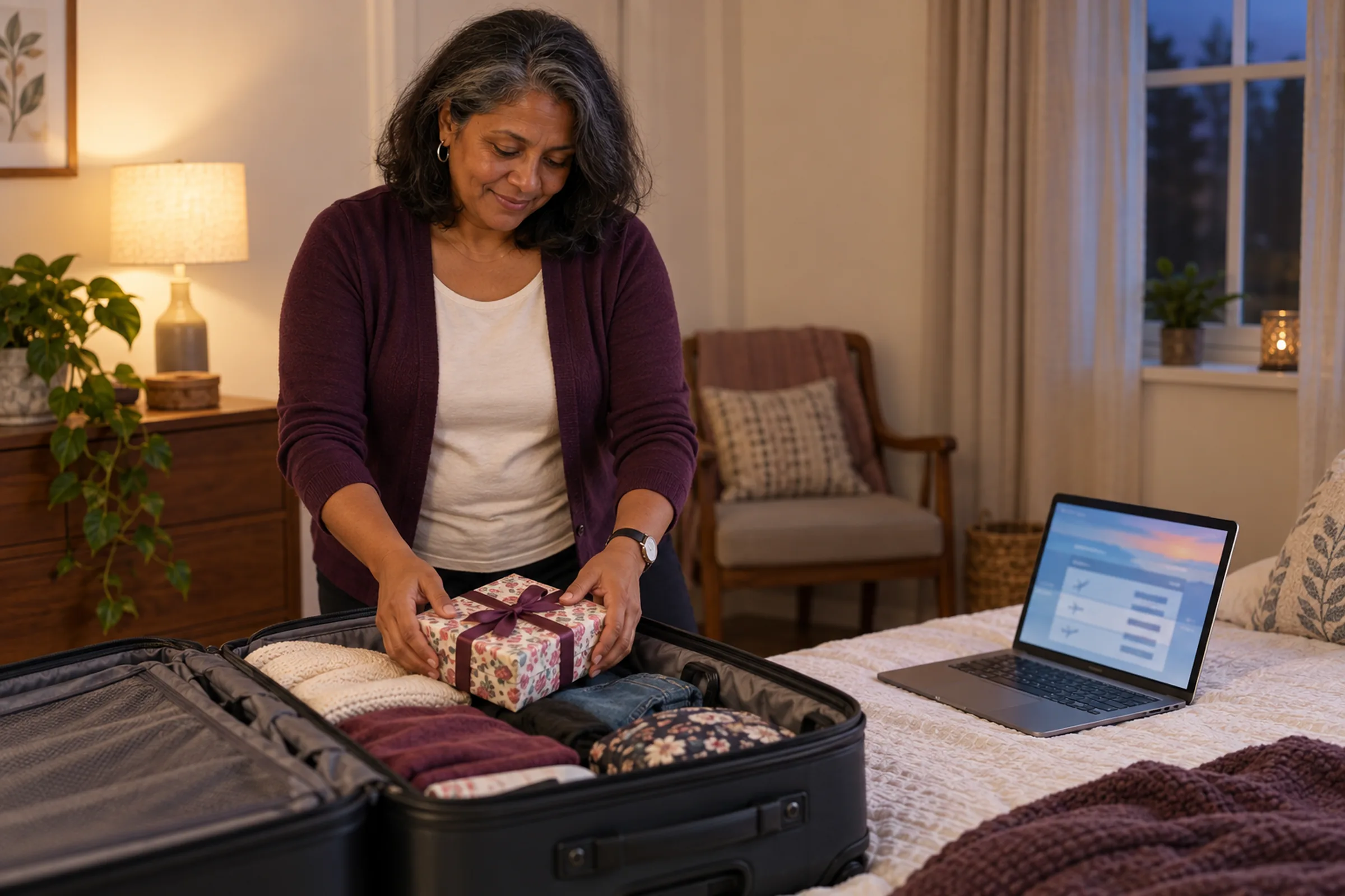 A woman at home packing an open suitcase with a wrapped birthday gift while reviewing unreadable flight information on a laptop.