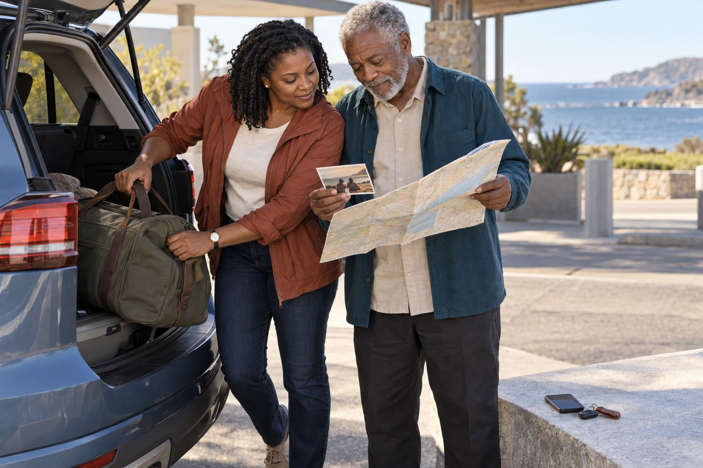 An adult daughter and her older father prepare for a coastal drive beside a rental car, looking together at an old map and family photograph.