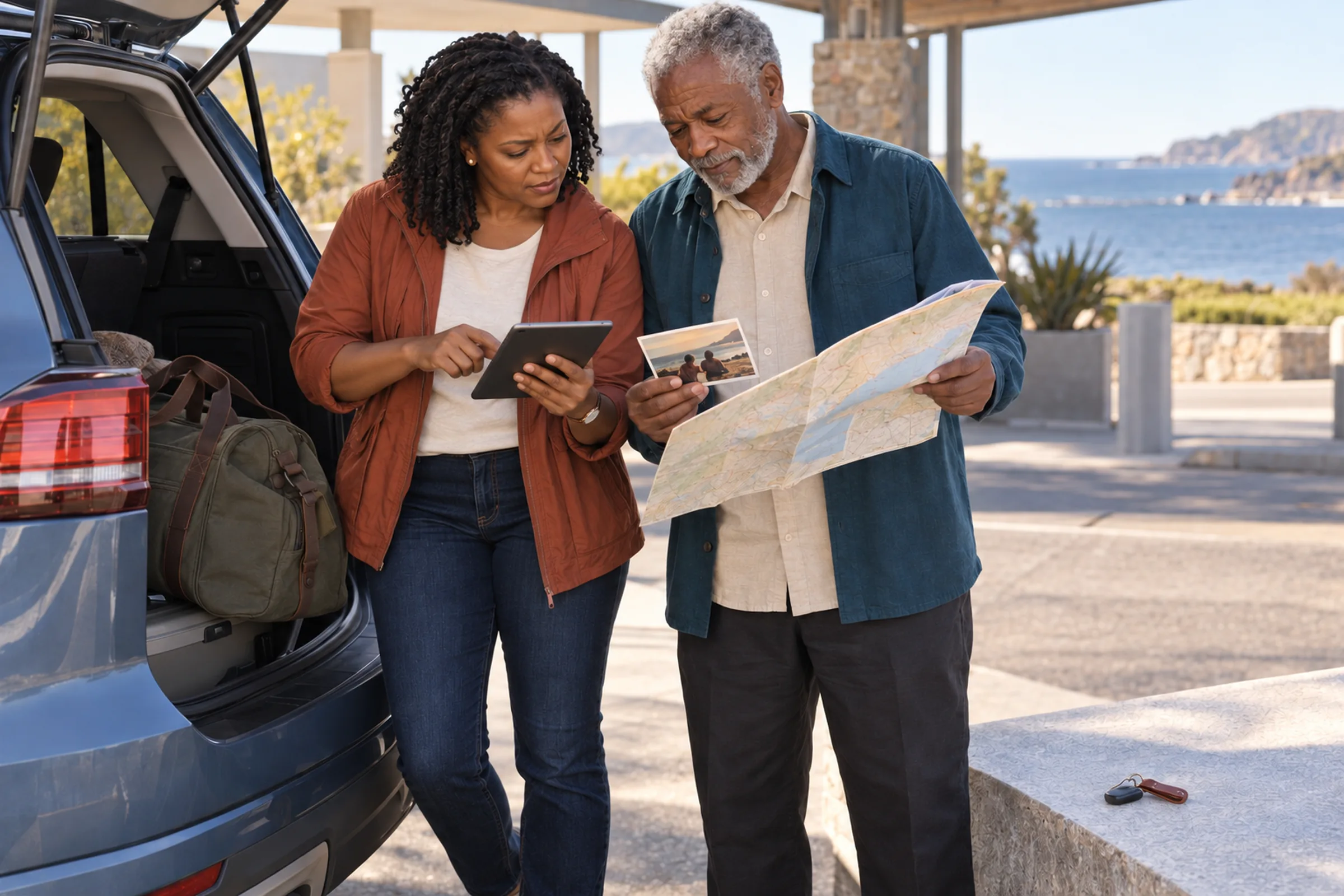 The same daughter and father pause beside the rental car while she reviews the rental information and he keeps the coastal route open between them.