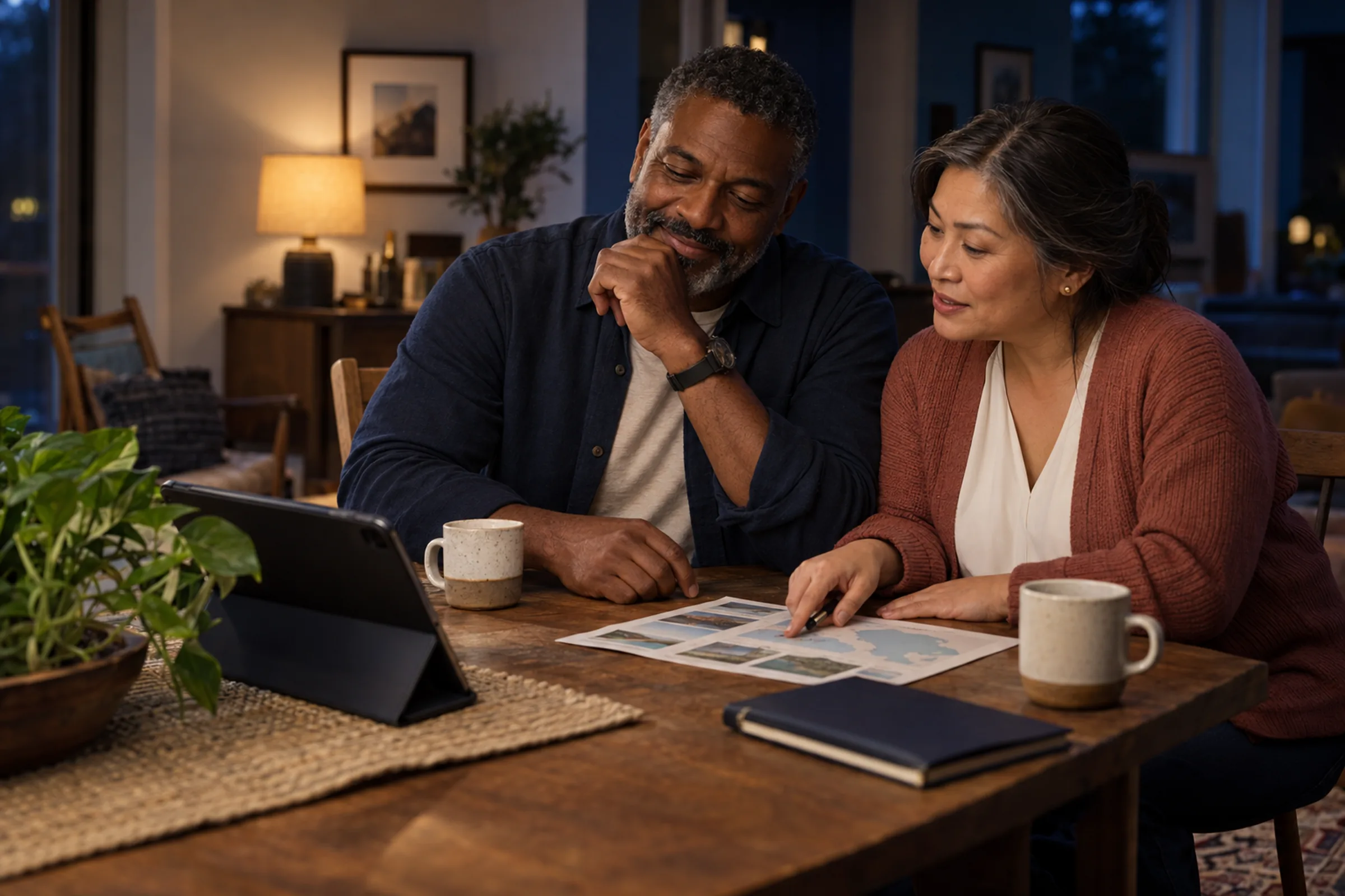 Two travelers at home reviewing plans for a cruise they are looking forward to.