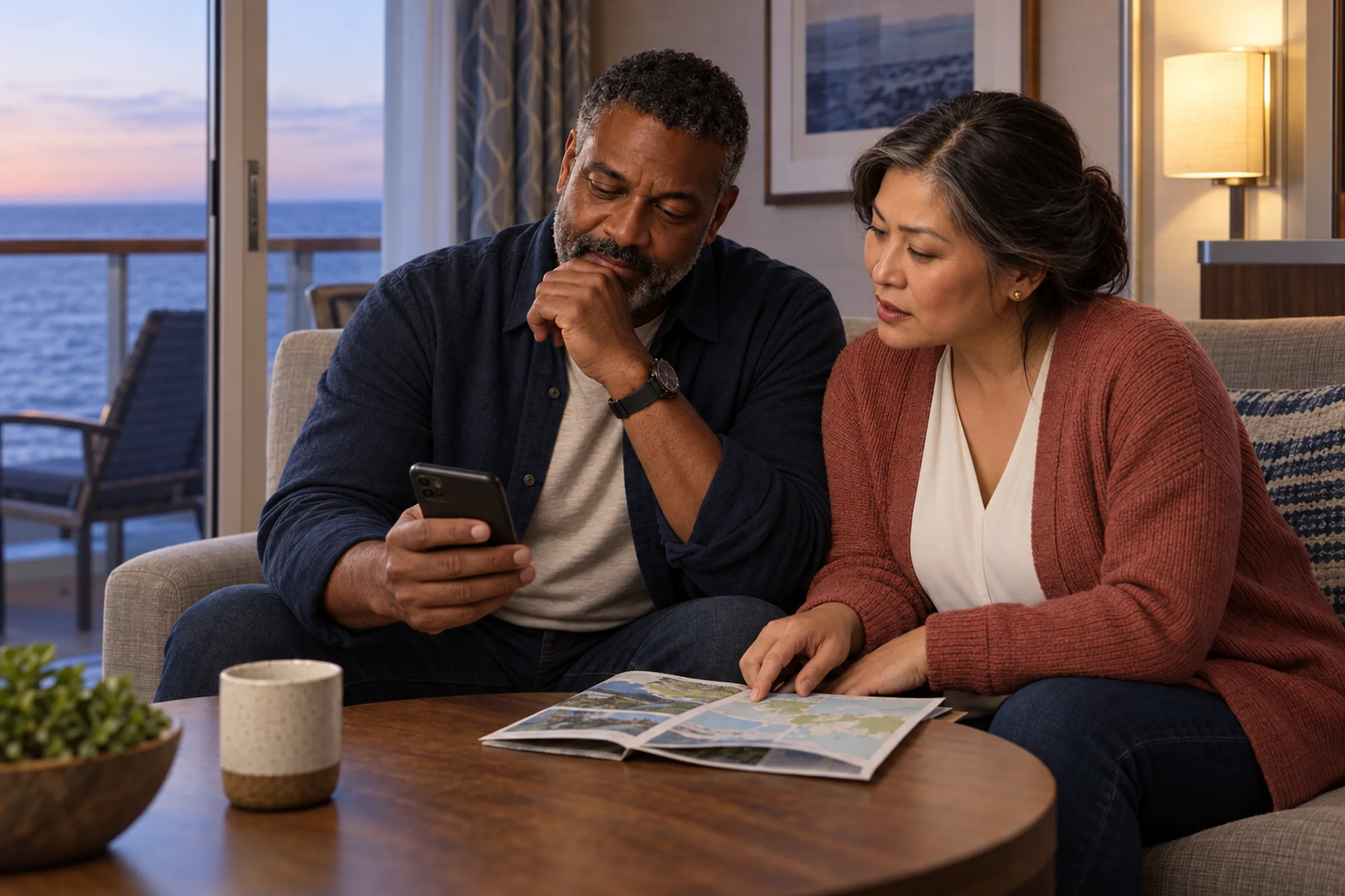 The same travelers aboard the ship quietly reconsidering their plans after reviewing an onboard-account entry.