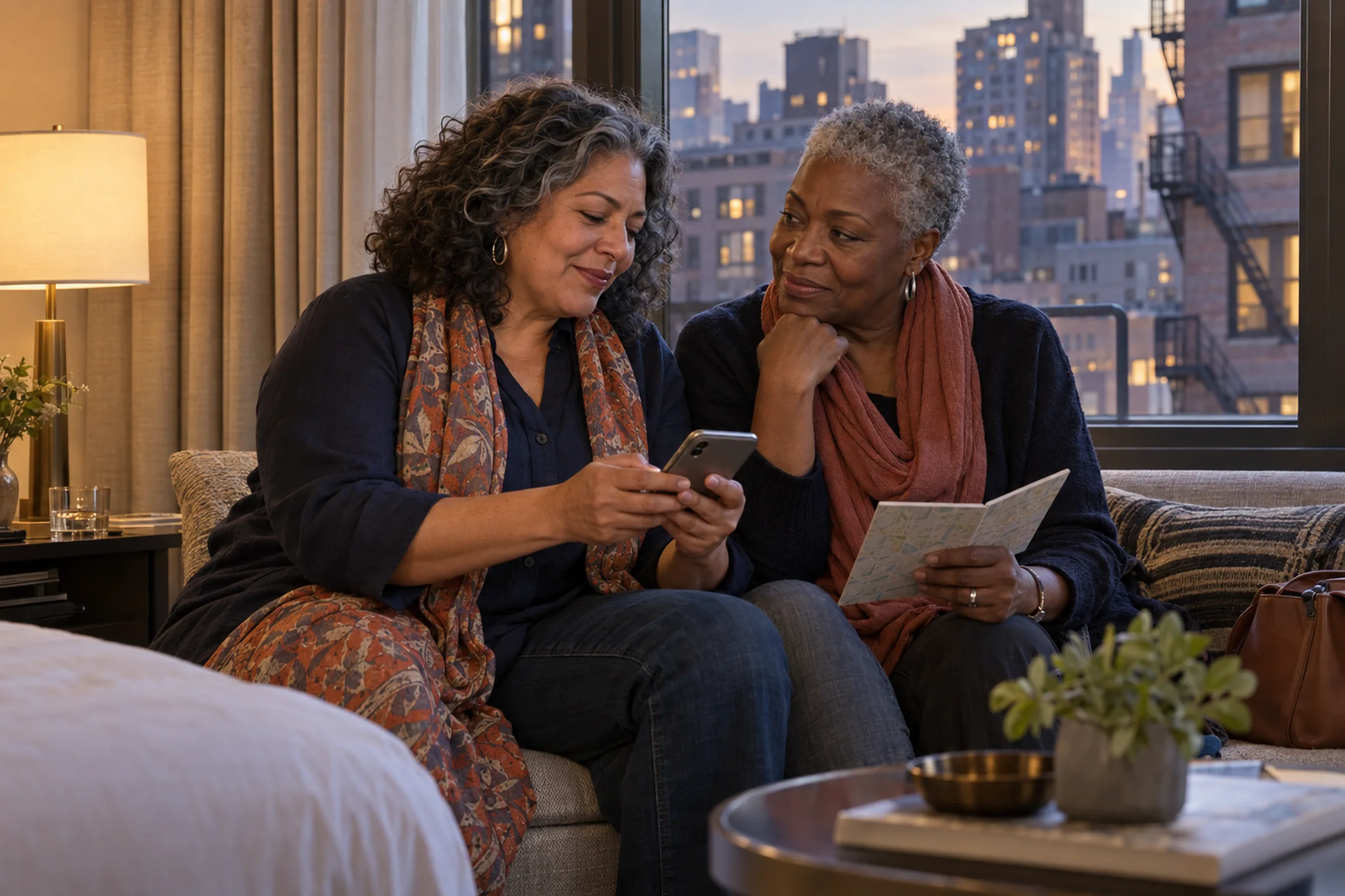 Two longtime friends in a hotel room quietly reviewing their stay details and plans for the evening.