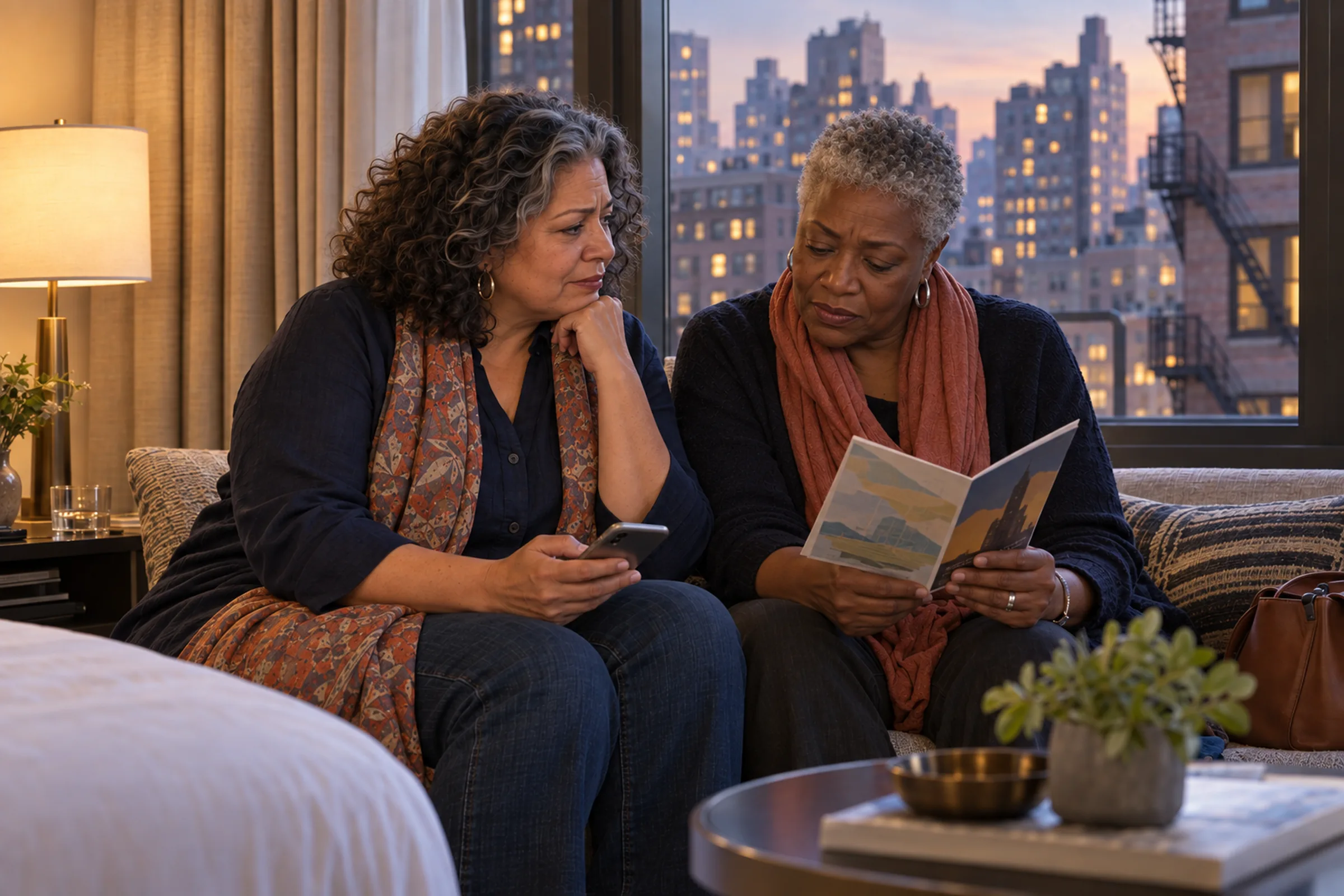 The same longtime friends in their hotel room quietly reconsidering their evening plans after reviewing the stay information.