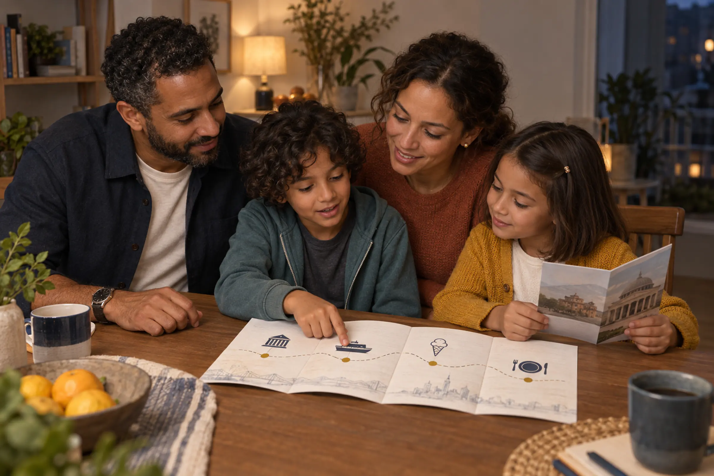 A family of four plans a city trip together, with the children pointing to museum and boat activities on an illustrated itinerary.