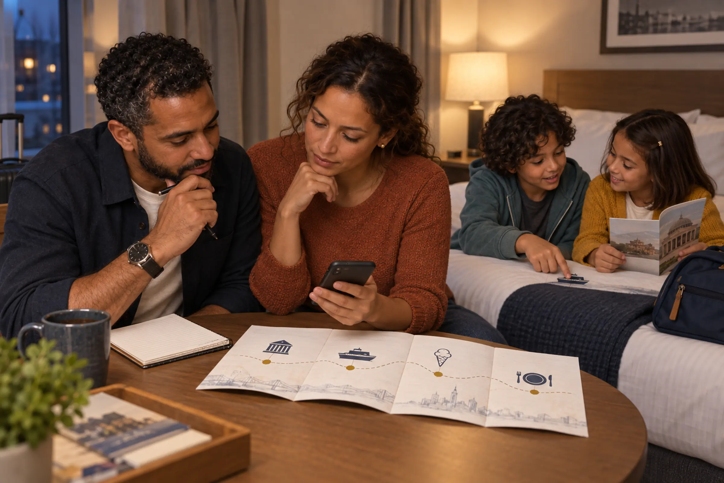 The same family sits in a hotel room; the caregivers quietly review the itinerary and a notebook while the children continue talking about the planned outing.