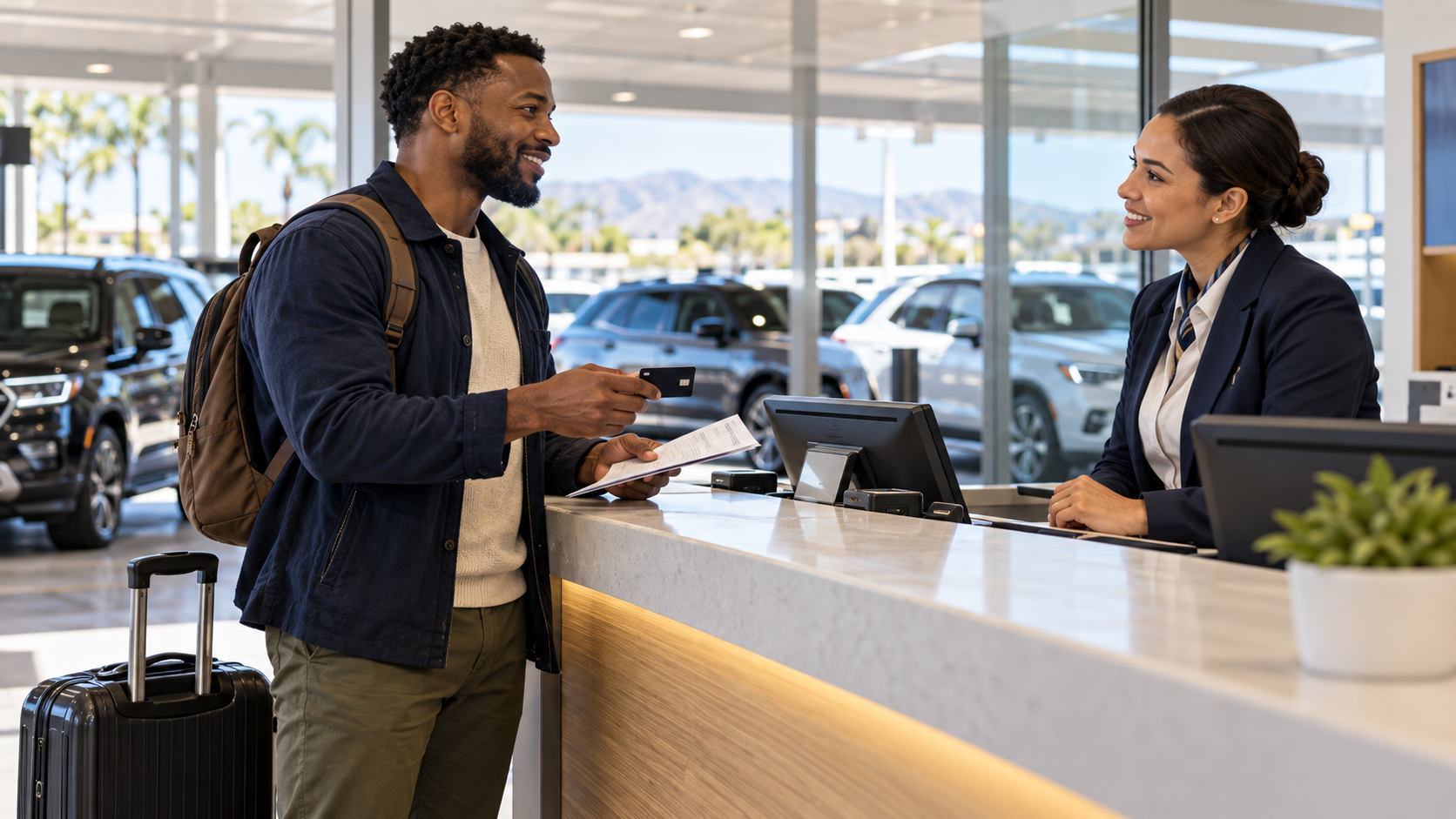 A Black male traveler at a bright modern car-rental counter, holding an unbranded debit card and a folded itinerary, attentive agent listening; suitcase beside him, rental vehicles visible beyond glass, calm realism.