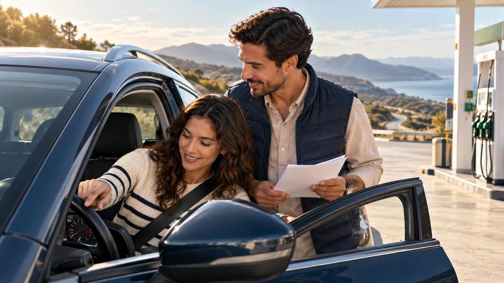 A Hispanic couple beside a rental car at a clean fuel station in soft morning light, woman checking the dashboard fuel gauge while man holds the rental agreement, open road and hills behind; two people, no readable documents or pump numbers.