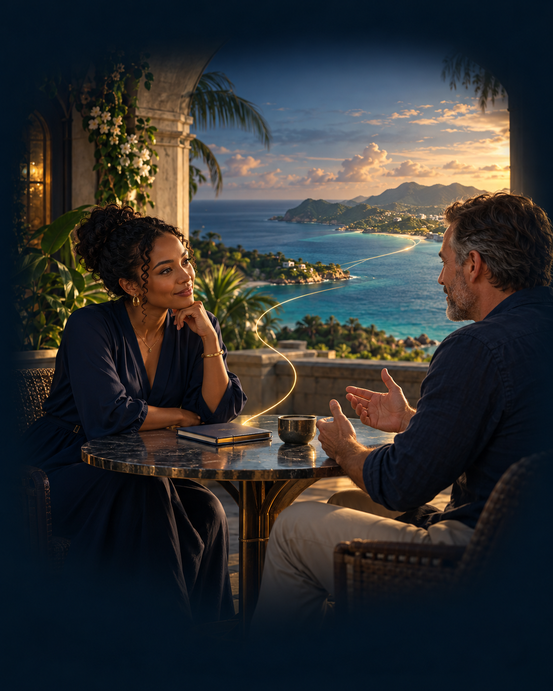 Conceptual illustration of a travel professional listening to a traveller, with a golden route extending toward a coastal landscape.